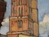 painting of an old building with a clock tower in the background