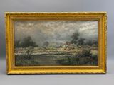 une peinture d'un paysage avec une rivière au premier plan