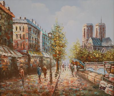 an oil painting of a street scene with people walking down the street