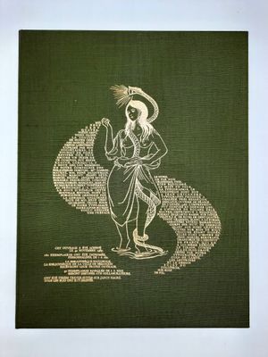 un livre vert sur lequel est dessinée une femme tenant un oiseau