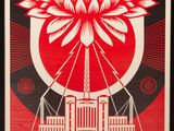 une affiche rouge et noire sur laquelle figure une grande fleur