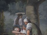 a painting of a couple of people in a wooded area