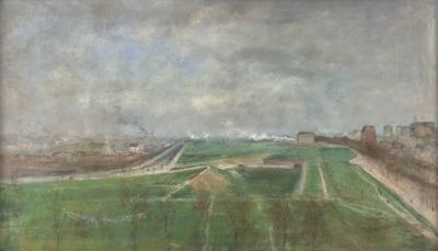 an image of a painting of a green field with buildings in the background