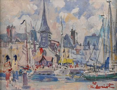 a painting of boats in a harbor with a tower in the background