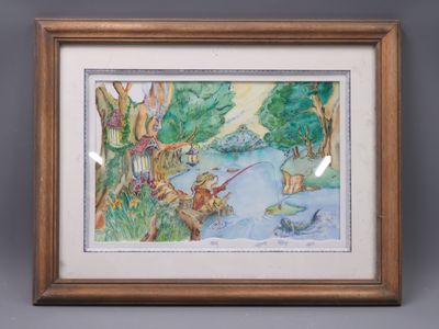 Le Castor à la pêche. Aquarelle sur papier, encadrée sous verre. 24 x 