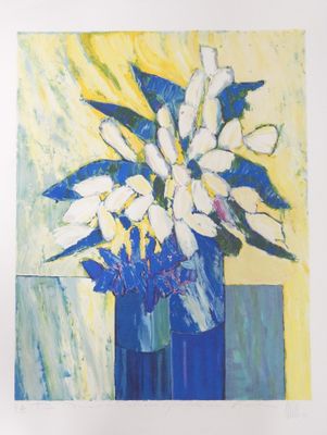 painting of white flowers in a blue vase on a yellow background