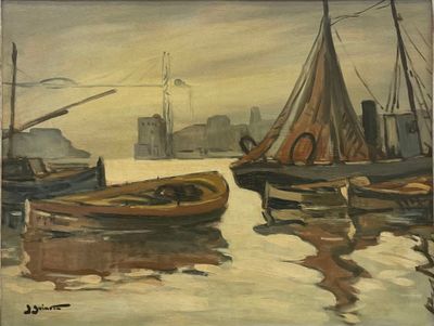 un tableau représentant des bateaux sur l'eau, avec une ville en arrière-plan