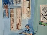 a painting of a man sitting at a table with a laptop