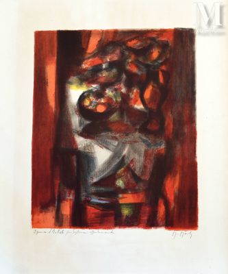 peinture d'un vase de fleurs assis sur une chaise devant une fenêtre