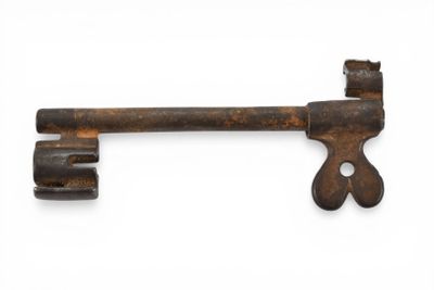 an old rusty key on a white surface with a white background
