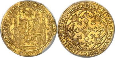 a gold coin with an image of a man and a woman on it