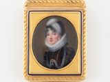 portrait of a woman in a black dress with a white ruffle and a pearl necklace
