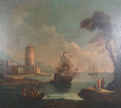une image représentant un tableau où l'on voit un bateau sur l'eau près d'un château