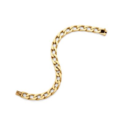 a gold chain bracelet on a white background