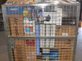 a cart with a bunch of boxes on it in a warehouse