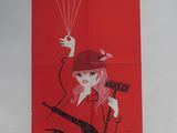 une affiche rouge représentant une femme tenant un parachute