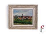 an oil painting of a landscape with a church in the distance