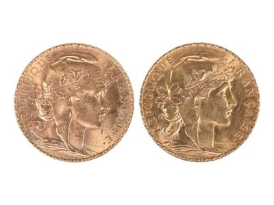 Deux pièces de vingt francs or au coq, 1907 et 1912. Usures. - Photo 1