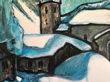painting of a church with a steeple in the middle of a snowy landscape