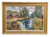 an oil painting of a landscape with a river in the foreground and houses in the distance