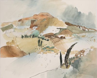 une aquarelle représentant un paysage de montagne avec des arbres