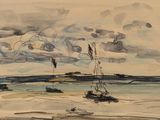 painting of boats on the water with a cloudy sky in the background