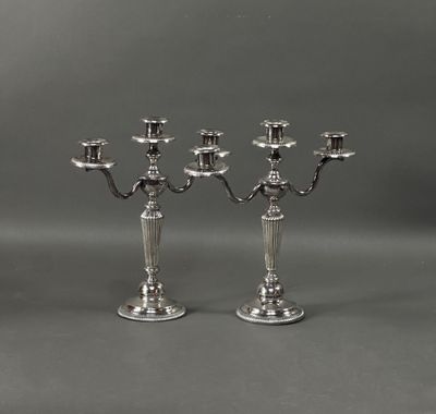 a pair of silver plated candlesticks on stands