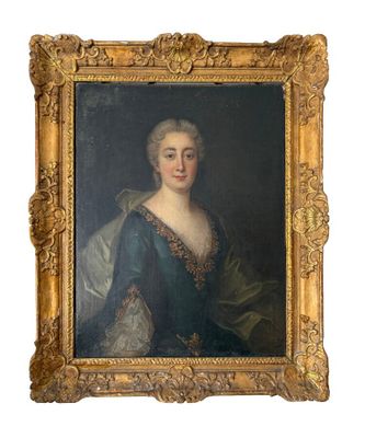 portrait of a lady in a blue dress by a gold frame