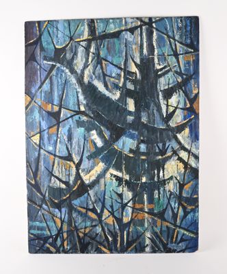 abstract painting of a tree in a forest with blue and yellow tones