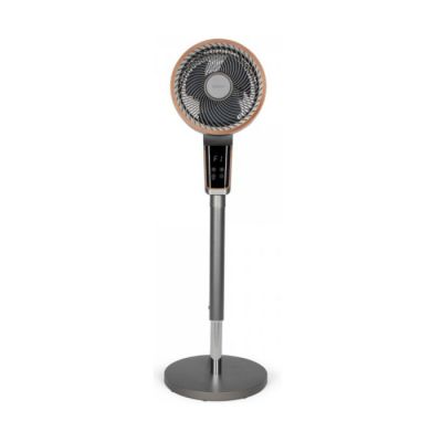 un ventilateur noir et argent posé sur un pied métallique