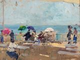un tableau représentant un groupe de personnes avec des parapluies sur la plage