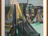 painting of a sailboat in a harbor with buildings in the background