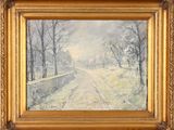 a painting of a road with trees and a fence in the background