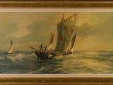 an oil painting of a sailboat in the ocean with other boats in the background