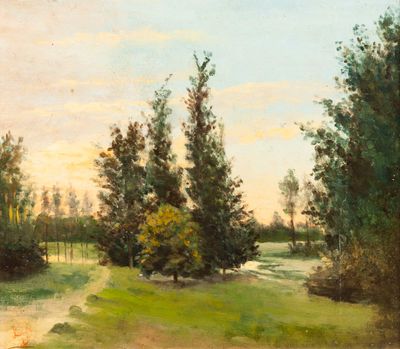 l'image d'une peinture d'un champ avec des arbres en arrière-plan