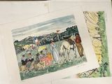 two pictures of people riding horses in a field