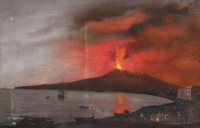 une image représentant un tableau où l'on voit un volcan au loin, avec des bateaux au premier plan