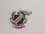a white plate with a purple and green emblem on it