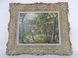 an old picture of a painting of a cabin in the woods