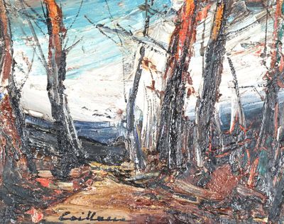 une peinture à l'huile représentant un sentier dans les bois, bordé d'arbres