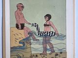 tableau représentant un homme et une femme sur une plage, avec une bouée de sauvetage