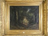 une peinture à l'huile représentant une scène de forêt avec un homme marchant sur un sentier