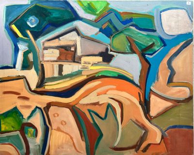 tableau représentant un cheval et une maison dans un champ bordé d'arbres