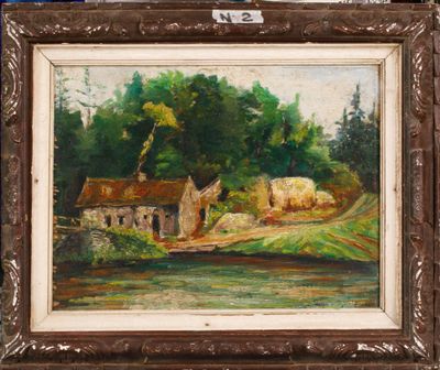 une peinture à l'huile représentant une scène de vie à la ferme, avec une rivière au premier plan