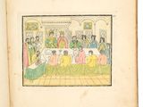 un vieux livre sur lequel figure le dessin d'un groupe de personnes assises autour d'une table