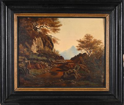 a painting of a mountain scene with cattle and trees in the foreground