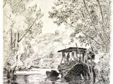 un dessin représentant un bateau sur une rivière, avec des arbres en arrière-plan