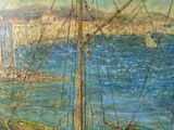 a painting of a boat in the water with a lighthouse in the background