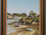 an oil painting of a boat on a beach next to a body of water