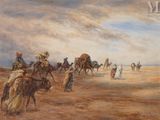tableau représentant un groupe de personnes chevauchant des chameaux dans le désert